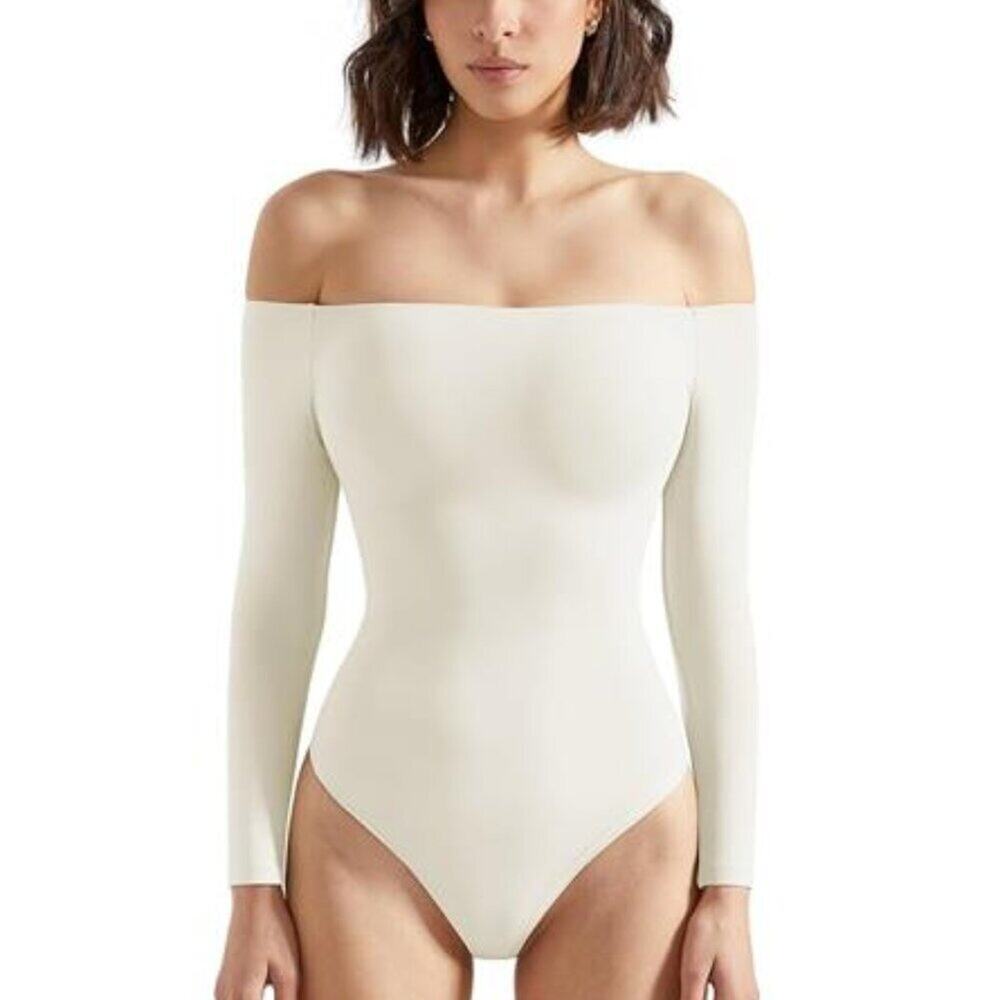 Women Off the Shoulder Long Sleeve White Bodysuit Double Lined Thong Bodysuit - Picture 4 of 9